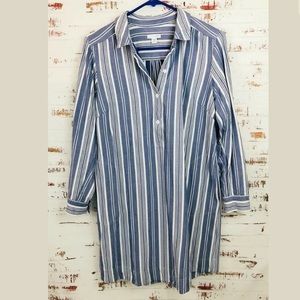 J Jill Striped Tunic Shirt Dress Blue White Pocket